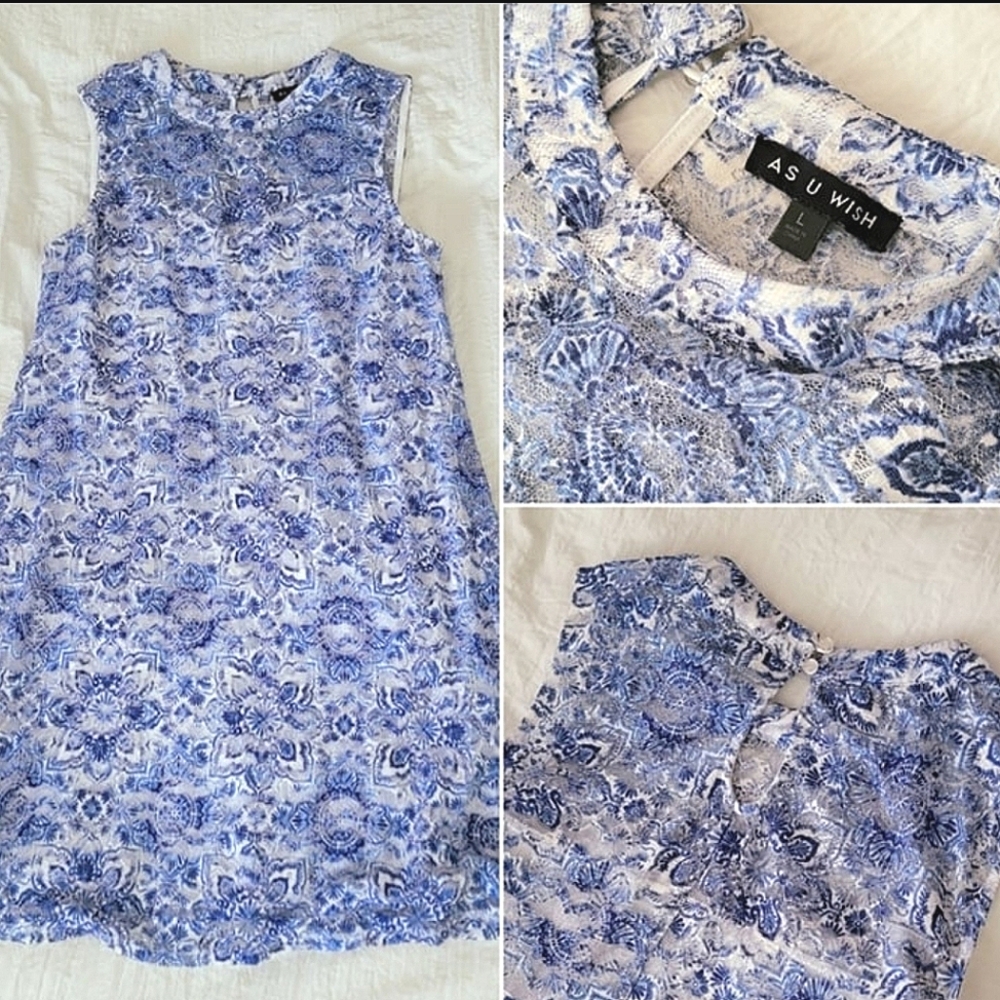 As U Wish Blue Floral Lace Mini Dress (L)